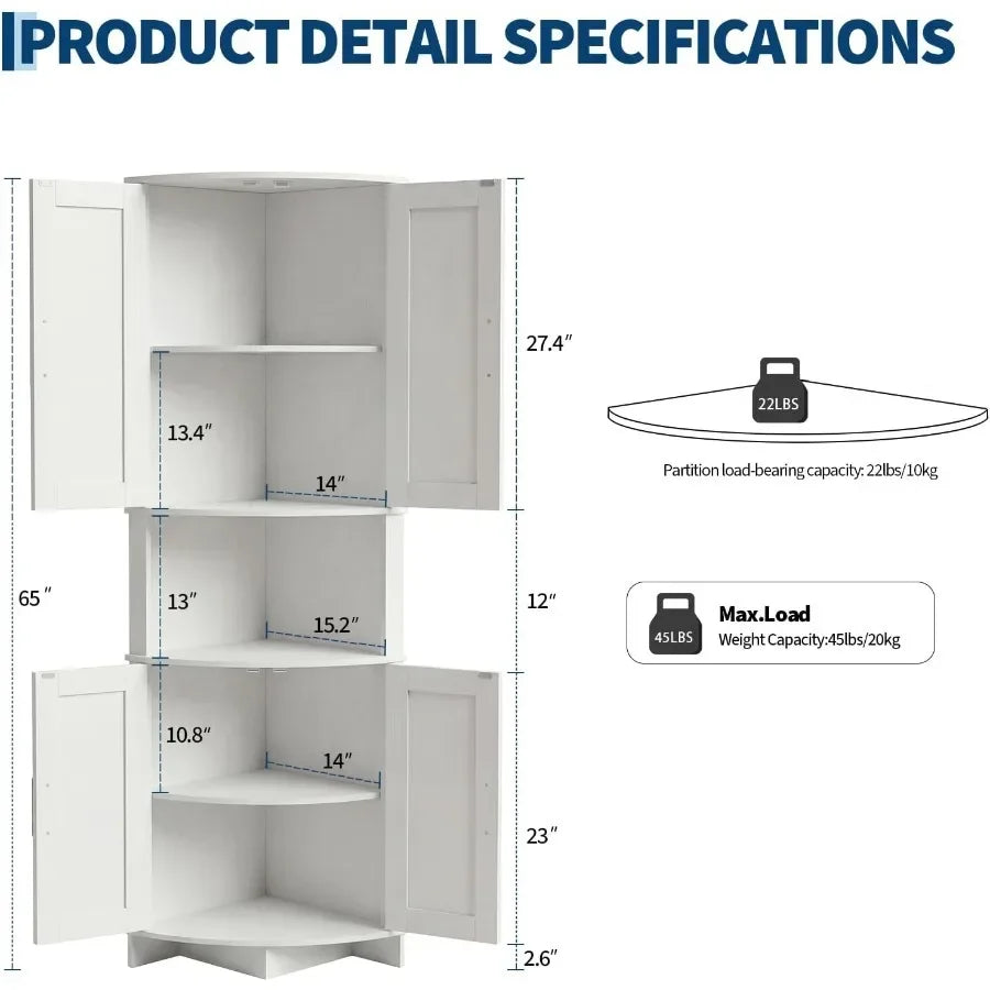 64.8 Tall Corner Cabinet with Doors for kitchen use, MDF material, white finish, soft-close hinges and adjustable shelves