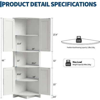 64.8 Tall Corner Cabinet with Doors for kitchen use, MDF material, white finish, soft-close hinges and adjustable shelves