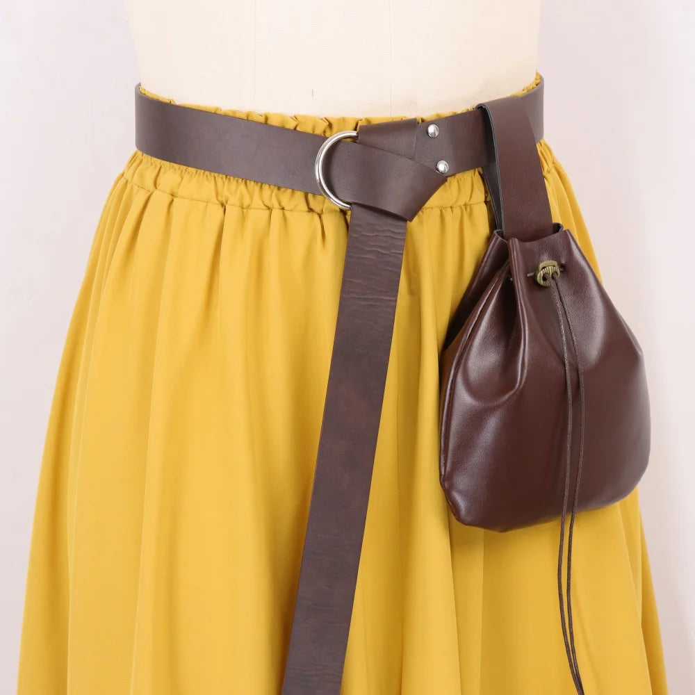 Vintage Medieval PU Leather Belt with Drawstring Pouch Renaissance Long Tail Waist Belt Hanging Bag Pirate Witch LARP Cosplay Ha