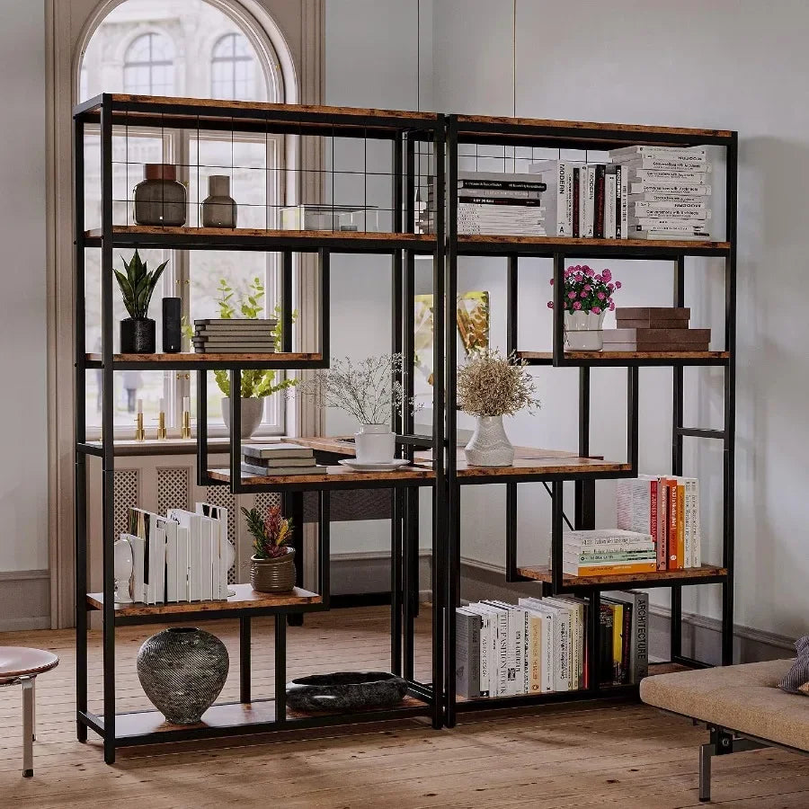 Bookshelves 6 Tiers, Industrial Etagere Heavy Duty Shelves for Living Room, Black Metal with Wood, Rustic Style and Adjustable