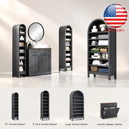 67 Tall Arched Bathroom Storage Cabinet, 8-Tier Modern Farmhouse Wood Freestanding Cabinet with Adjustable Shelves for Bathroom