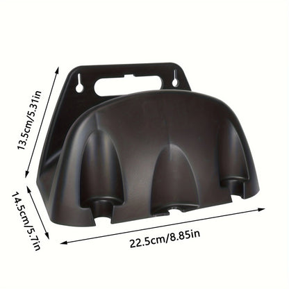 A wall mounted garden hose rack made of heavy-duty plastic for storing outdoor garden watering and irrigation tools