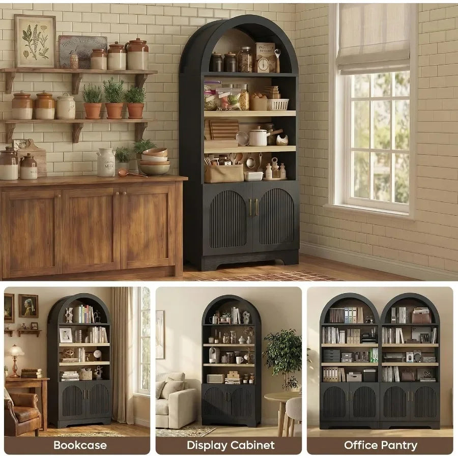 71 Tall Arched Kitchen Pantry for Home Storage, MDF with Black Finish, Space-Saving Design and Smooth-Closing Doors
