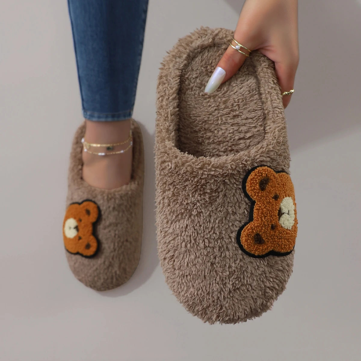 Cute Cartoon Embroidered Bear Plush Silent Soft-Soled Women&