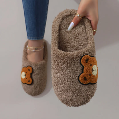 Cute Cartoon Embroidered Bear Plush Silent Soft-Soled Women&