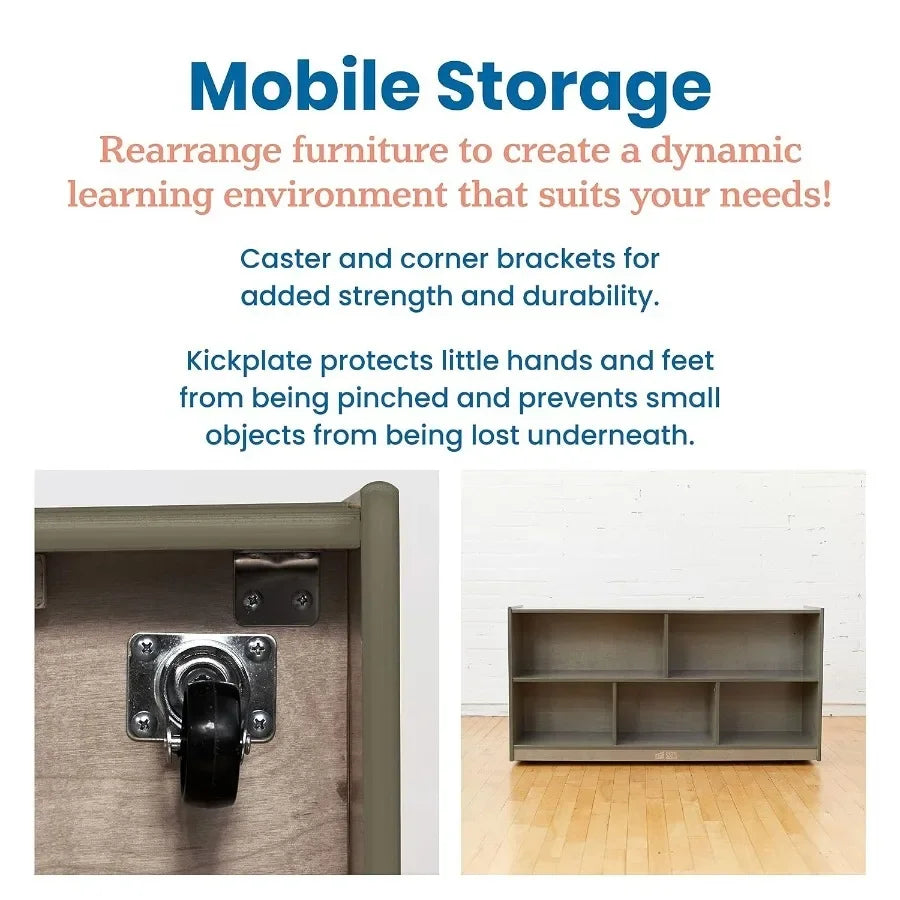 5-Compartment Mobile Storage Cabinet for Toddler and Classroom Furniture, Grey Wash Finish, Durable Wood Construction
