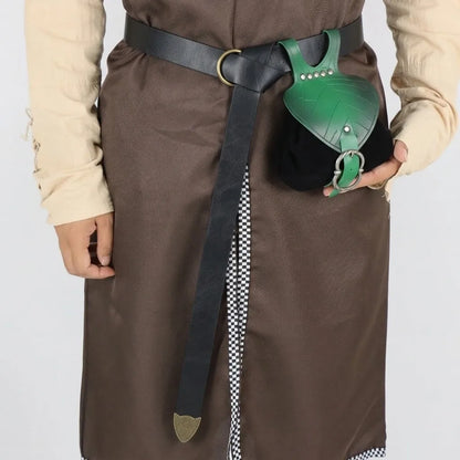 2pcs Medieval Festival Costume Accessories Vintage Pu Leather Waist Belt with Leaf-Shaped Drawstring Coin Pouch Viking Style Cosplay Props for Halloween LARP