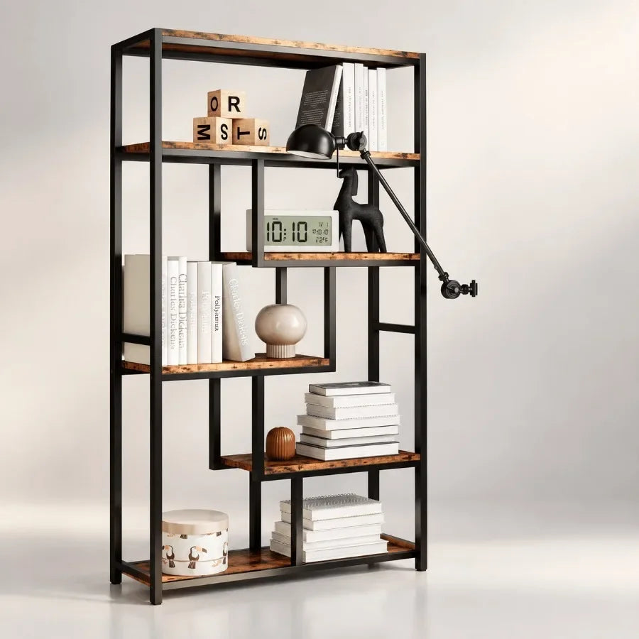 Bookshelves 6 Tiers, Industrial Etagere Heavy Duty Shelves for Living Room, Black Metal with Wood, Rustic Style and Adjustable
