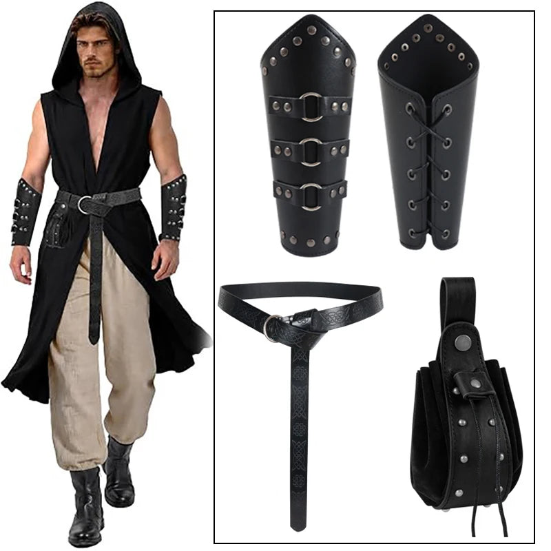 Medieval PU Leather Belt Bracers Waist Pouch Set Viking Knight Pirate Cosplay Accessories Halloween Renaissance Costume Props