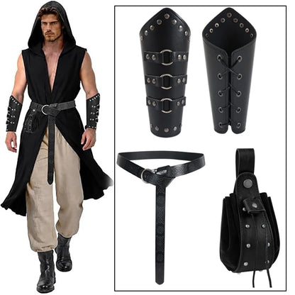 Medieval PU Leather Belt Bracers Waist Pouch Set Viking Knight Pirate Cosplay Accessories Halloween Renaissance Costume Props
