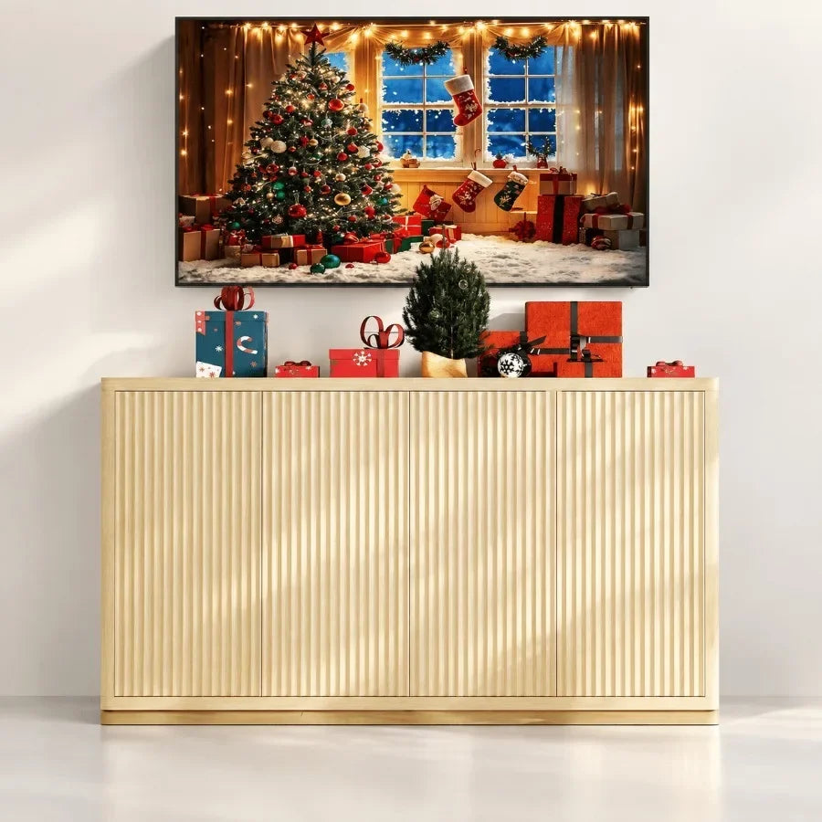 66 Fluted Sideboard with 4 Doors, Adjustable Shelves, Oak for Living Room, Solid Wood, Natural Brown, Rustic Elegance and Ample