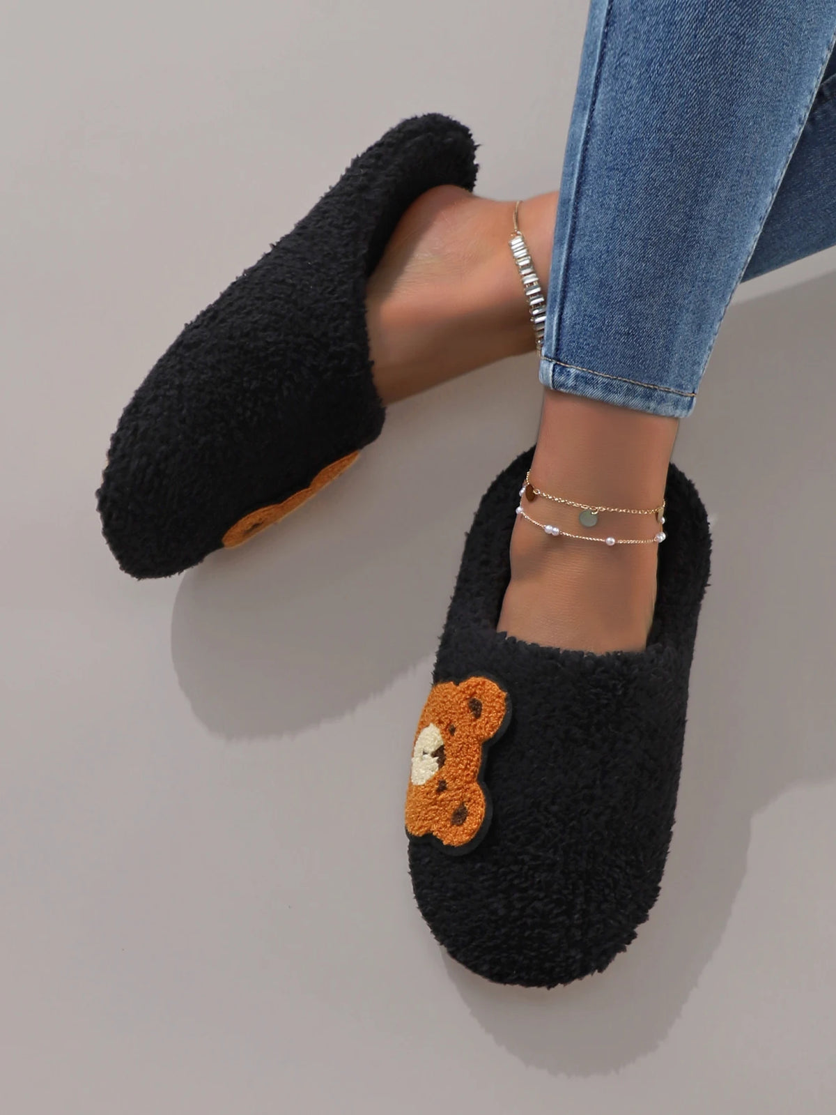 Cute Cartoon Embroidered Bear Plush Silent Soft-Soled Women&