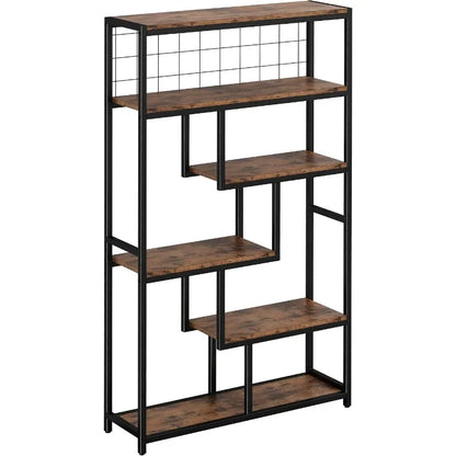Bookshelves 6 Tiers, Industrial Etagere Heavy Duty Shelves for Living Room, Black Metal with Wood, Rustic Style and Adjustable