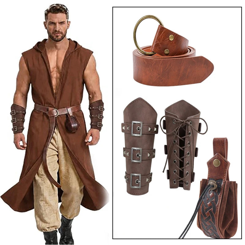 Medieval PU Leather Belt Bracers Waist Pouch Set Viking Knight Pirate Cosplay Accessories Halloween Renaissance Costume Props