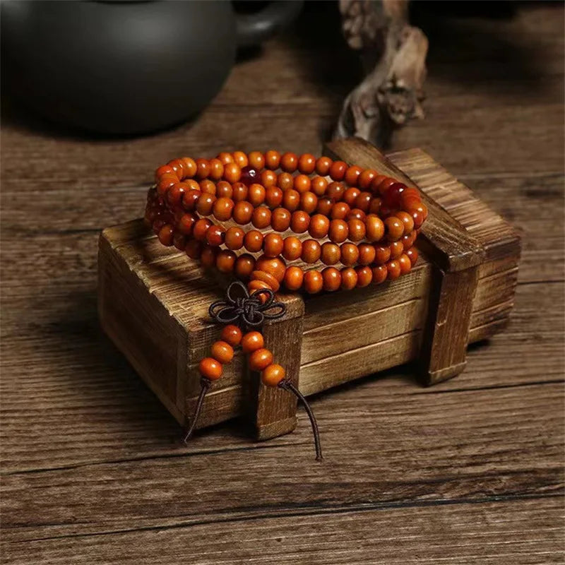 Natural Chinese Sandalwood 108 Prayer Beads Mala Bracelet Necklace 6mm Buddhist Buddha Rosary Elastic Wrist Jewelry Luck Amulet