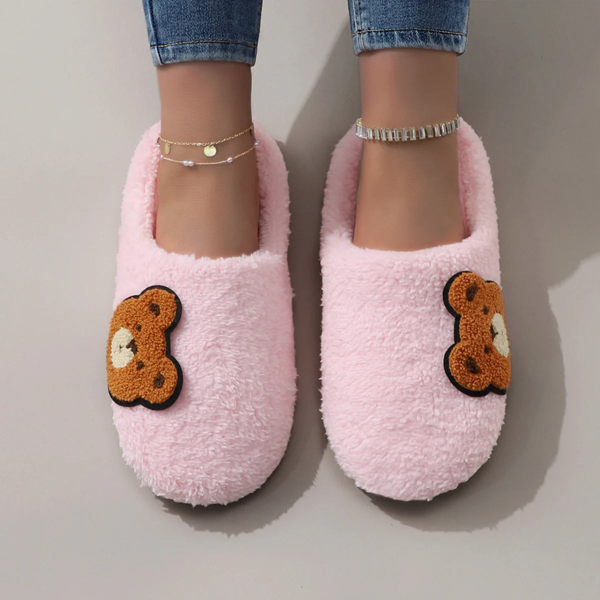 Cute Cartoon Embroidered Bear Plush Silent Soft-Soled Women&
