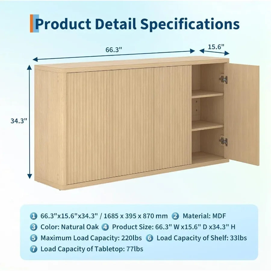66 Fluted Sideboard with 4 Doors, Adjustable Shelves, Oak for Living Room, Solid Wood, Natural Brown, Rustic Elegance and Ample