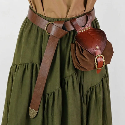2pcs Medieval Festival Costume Accessories Vintage Pu Leather Waist Belt with Leaf-Shaped Drawstring Coin Pouch Viking Style Cosplay Props for Halloween LARP