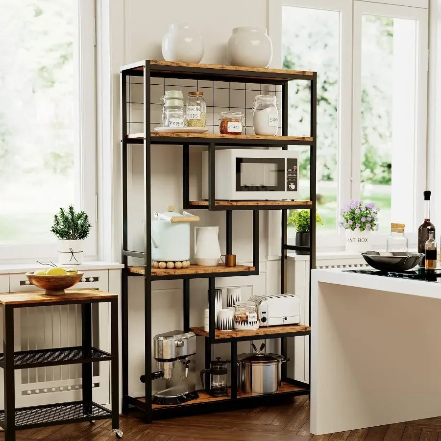 Bookshelves 6 Tiers, Industrial Etagere Heavy Duty Shelves for Living Room, Black Metal with Wood, Rustic Style and Adjustable