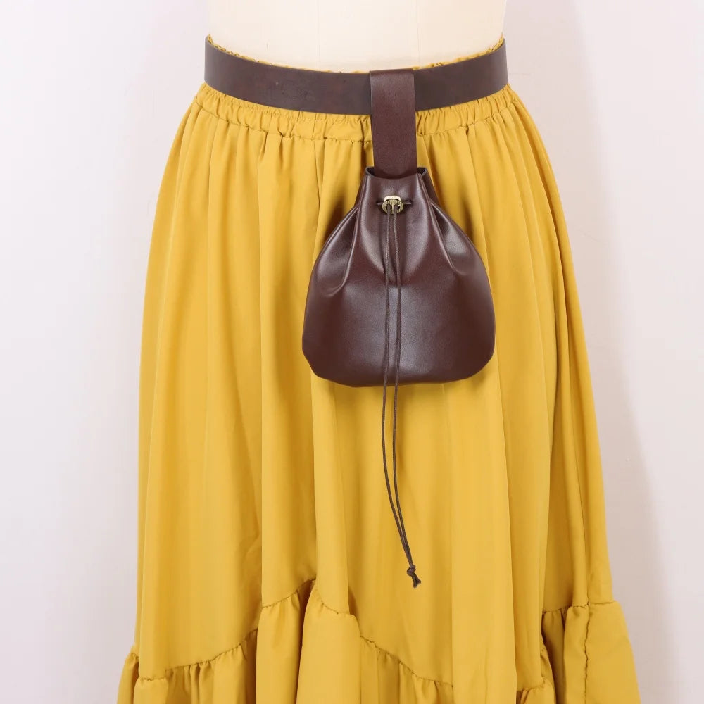 Vintage Medieval PU Leather Belt with Drawstring Pouch Renaissance Long Tail Waist Belt Hanging Bag Pirate Witch LARP Cosplay Ha
