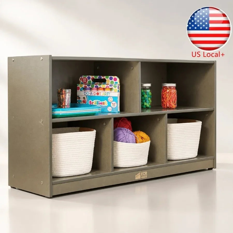 5-Compartment Mobile Storage Cabinet for Toddler and Classroom Furniture, Grey Wash Finish, Durable Wood Construction
