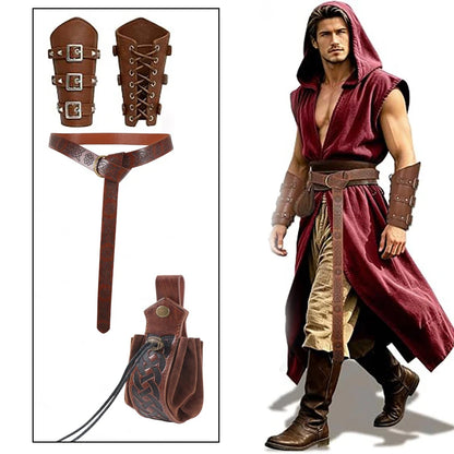 Medieval PU Leather Belt Bracers Waist Pouch Set Viking Knight Pirate Cosplay Accessories Halloween Renaissance Costume Props