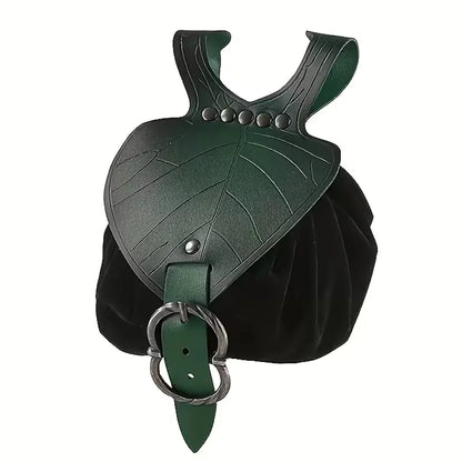 2pcs Medieval Festival Costume Accessories Vintage Pu Leather Waist Belt with Leaf-Shaped Drawstring Coin Pouch Viking Style Cosplay Props for Halloween LARP