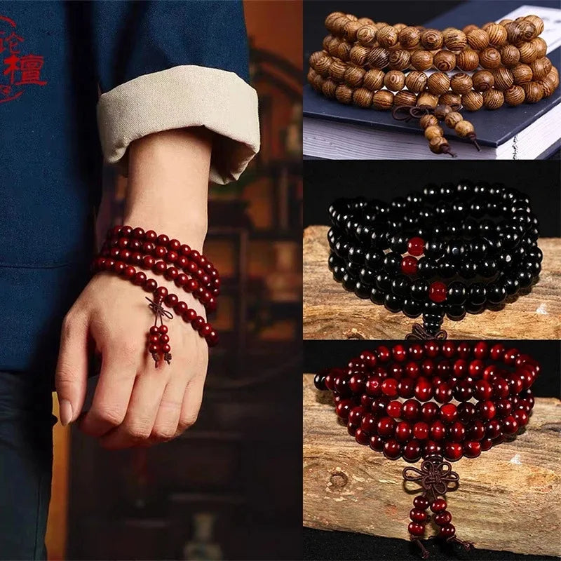 Natural Chinese Sandalwood 108 Prayer Beads Mala Bracelet Necklace 6mm Buddhist Buddha Rosary Elastic Wrist Jewelry Luck Amulet