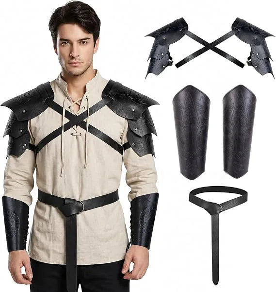 Medieval PU Leather Armor Set Pauldron Corset Waist Belt Bracers Men Viking Knight Pirate Cosplay Accessories Halloween Party