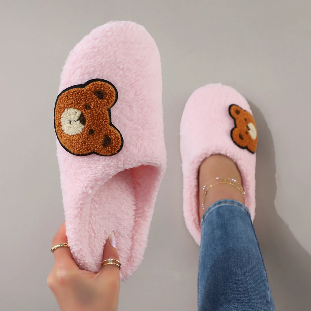 Cute Cartoon Embroidered Bear Plush Silent Soft-Soled Women&