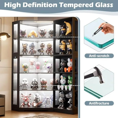 Display Cabinet with Tempered Glass Doors, Dual Section Design Featuring Adjustable Shelves, Tri-Color LED Lighting System, 71 I