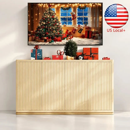 66 Fluted Sideboard with 4 Doors, Adjustable Shelves, Oak for Living Room, Solid Wood, Natural Brown, Rustic Elegance and Ample
