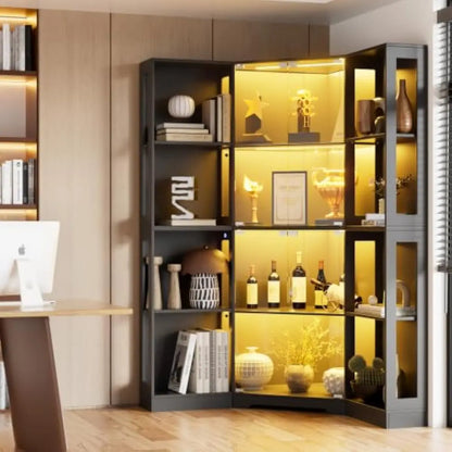 Display Cabinet with Tempered Glass Doors, Dual Section Design Featuring Adjustable Shelves, Tri-Color LED Lighting System, 71 I