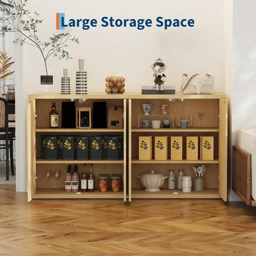 66 Fluted Sideboard with 4 Doors, Adjustable Shelves, Oak for Living Room, Solid Wood, Natural Brown, Rustic Elegance and Ample