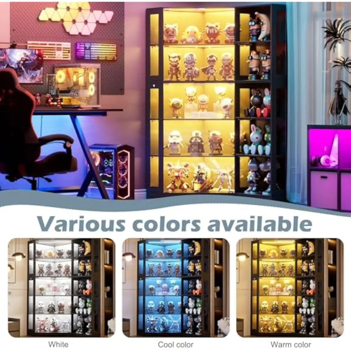 Display Cabinet with Tempered Glass Doors, Dual Section Design Featuring Adjustable Shelves, Tri-Color LED Lighting System, 71 I