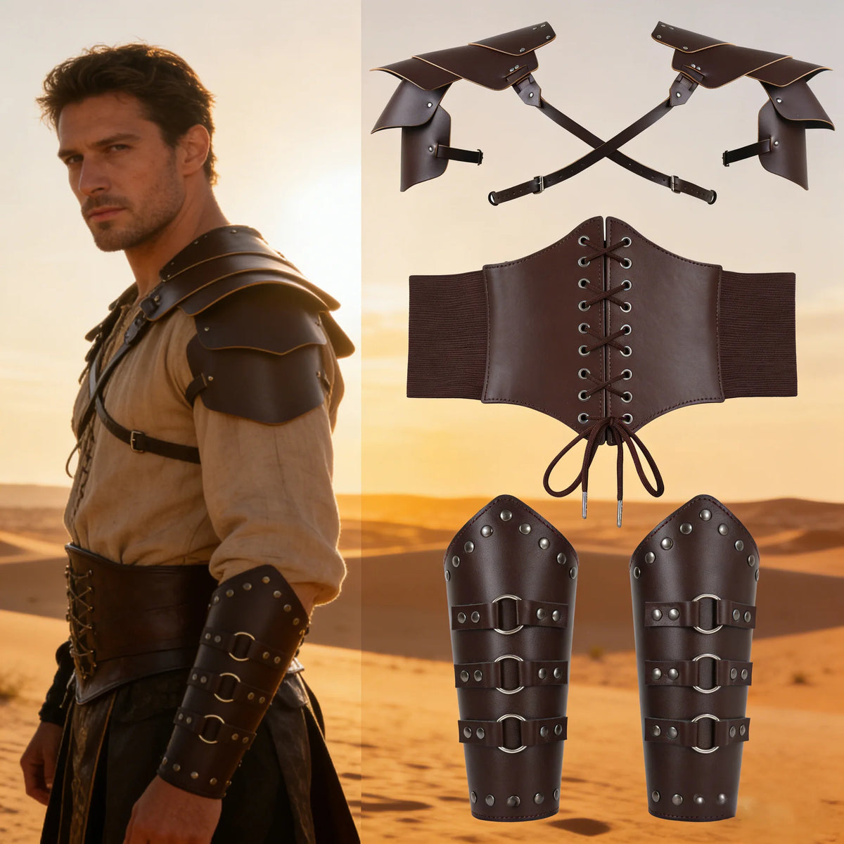 Medieval PU Leather Armor Set Pauldron Corset Waist Belt Bracers Men Viking Knight Pirate Cosplay Accessories Halloween Party