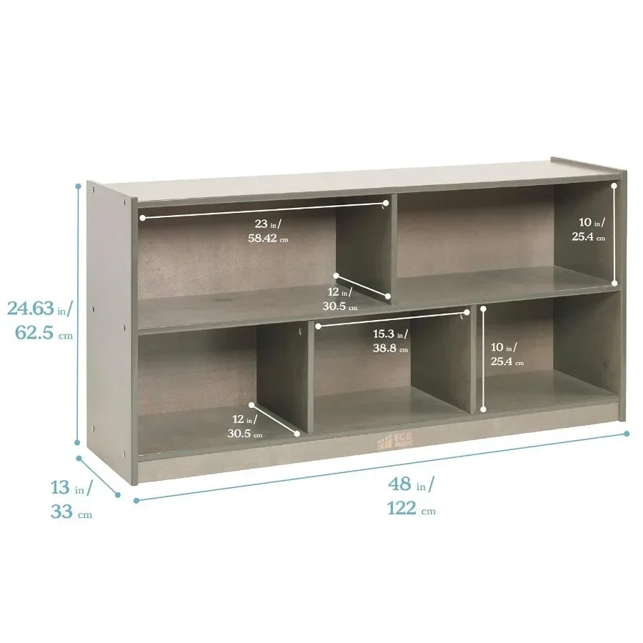 5-Compartment Mobile Storage Cabinet for Toddler and Classroom Furniture, Grey Wash Finish, Durable Wood Construction