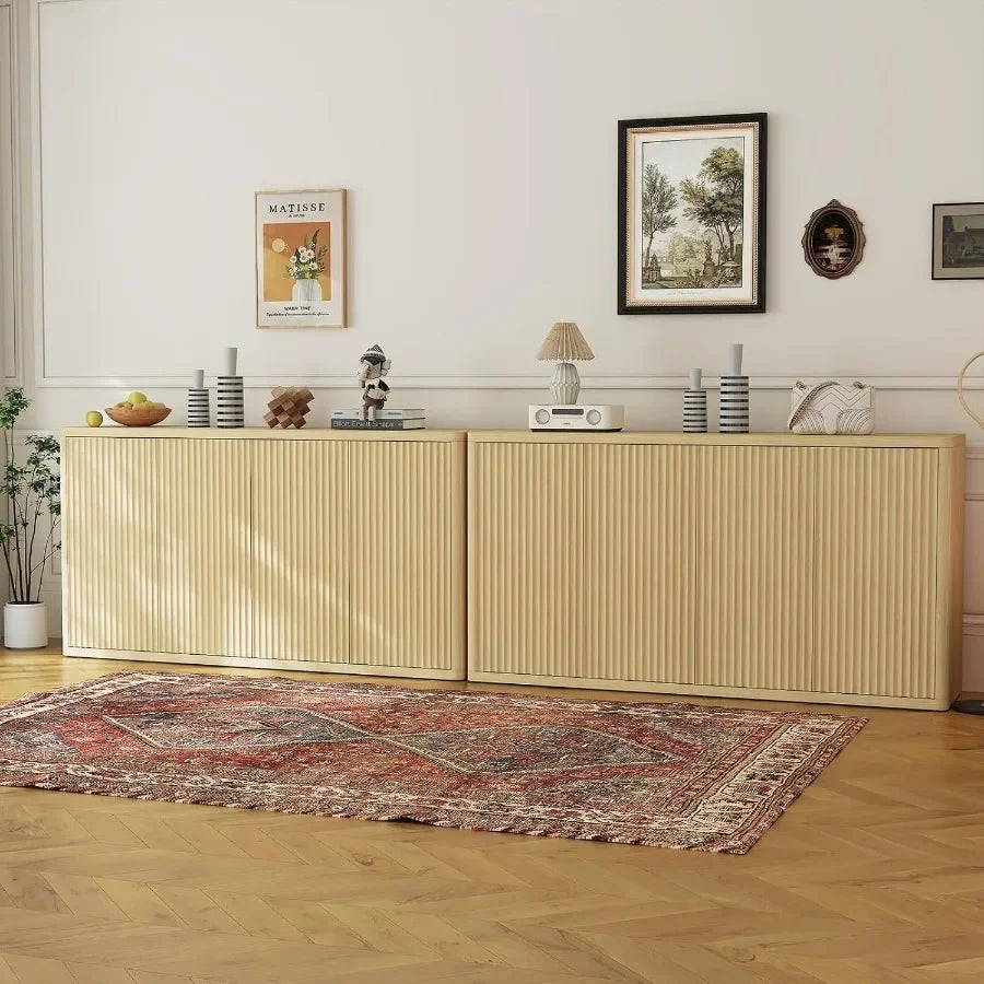 66 Fluted Sideboard with 4 Doors, Adjustable Shelves, Oak for Living Room, Solid Wood, Natural Brown, Rustic Elegance and Ample