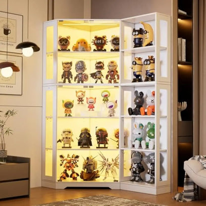 Display Cabinet with Tempered Glass Doors, Dual Section Design Featuring Adjustable Shelves, Tri-Color LED Lighting System, 71 I
