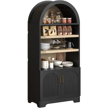 71 Tall Arched Kitchen Pantry for Home Storage, MDF with Black Finish, Space-Saving Design and Smooth-Closing Doors
